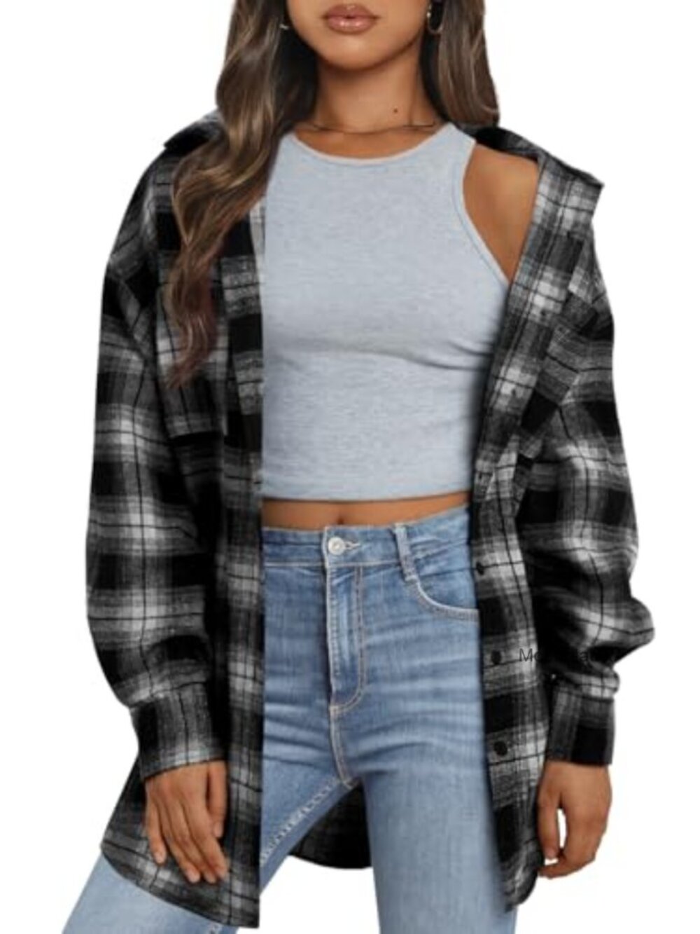 Plaid Button Down Shirt Cotton Blend Long Sleeve Blouse with Pockets